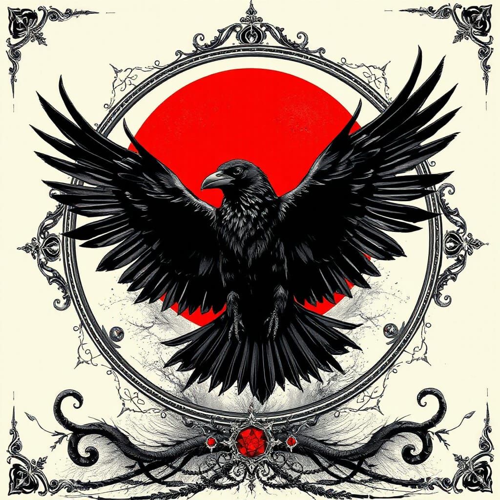 Majestic Raven with Gothic Frame and Red Sun