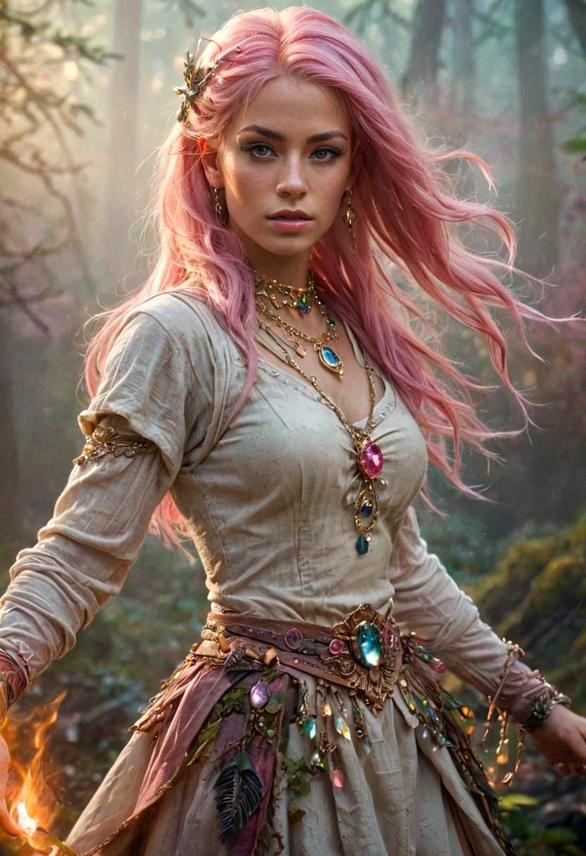 Muscular Pink-Haired Woman with Gemstone Necklace