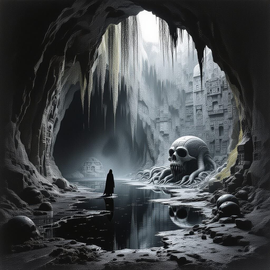 Surreal Cave Interior with Pagan Symbols in Beksiński Style