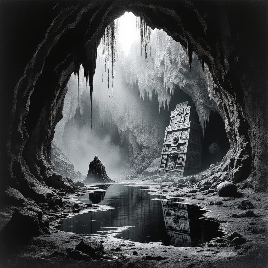 Surreal Cave Interior with Pagan Symbols in Beksiński Style
