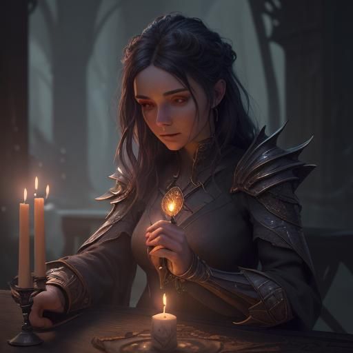 Woman Lights Candle: Detailed Fantasy Matte Painting