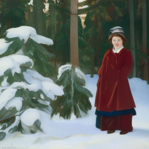 Girl in Snowdrift: Early 20th Century Gouache Portrait