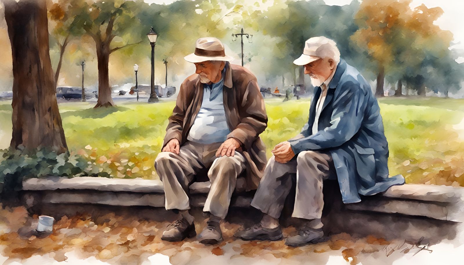 Park Scene in Folk Art Watercolor Style