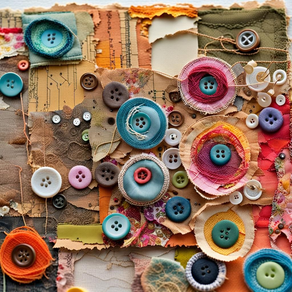 Mixed Media Collage of Fabric Scraps and Buttons