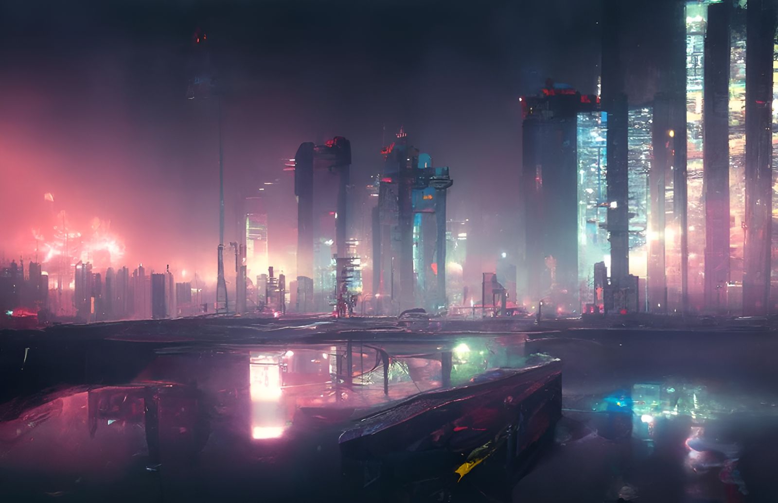 Futuristic Decaying Cityscape at Night in Cyberpunk Style