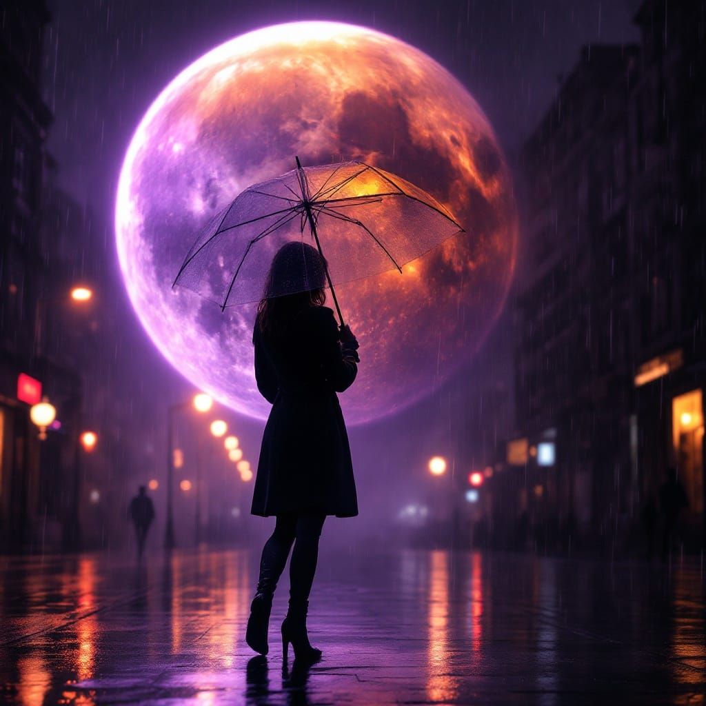 Hyperrealistic City Scene with Crying Woman and Glowing Purp...