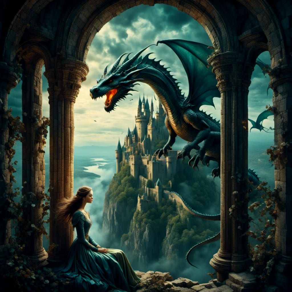 Medieval Lady in Tower with Dragons in Watercolor