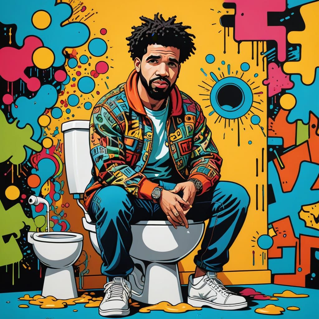 Surreal Pop Art Portrait of Drake in a Humorous, Exaggerated...