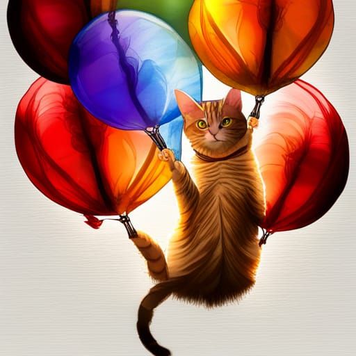Cat with Balloons in Iridescent Alcohol Ink Style