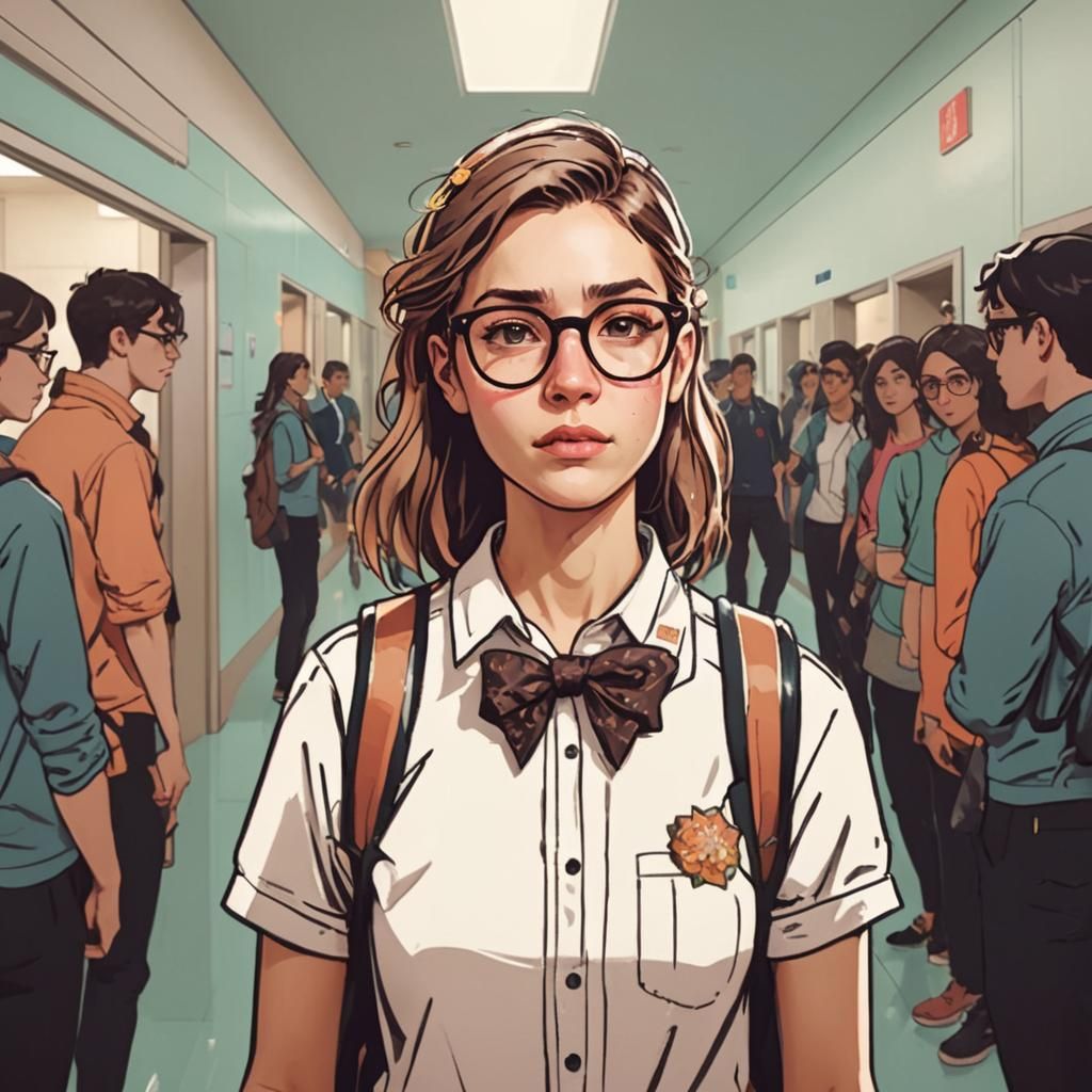 Girl Nerd Portrait in Hallway, Detailed Concept Art
