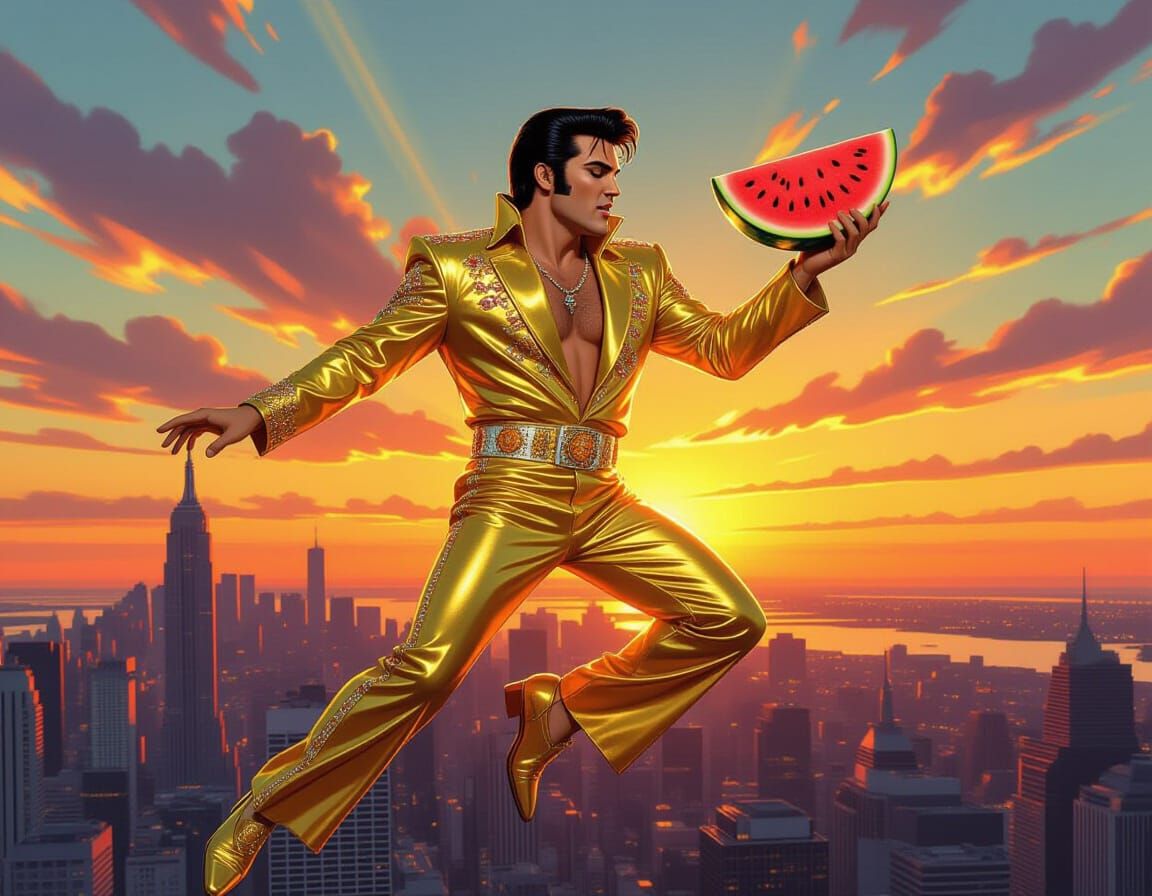 Elvis Flies Over Metropolis with Watermelon Slice