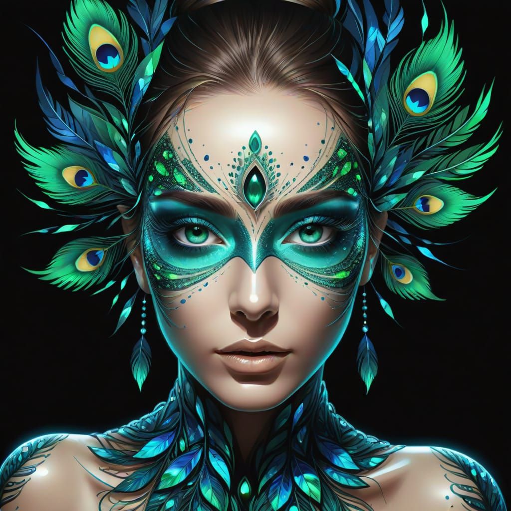 Glowing Goddess with Peacock Feathers and Shattered Glass