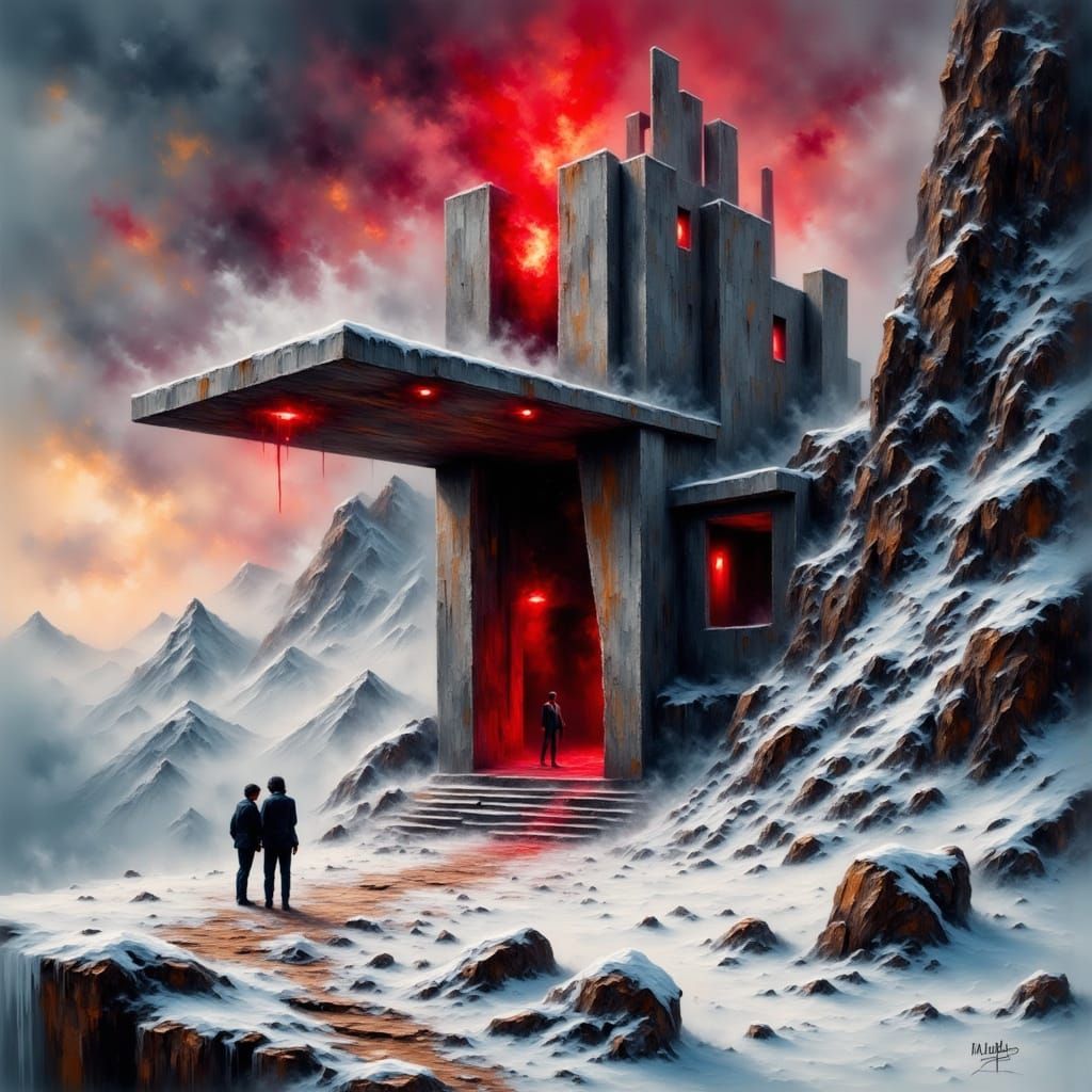 Dr Evil's Brutalist Lair in Snowy Mountains