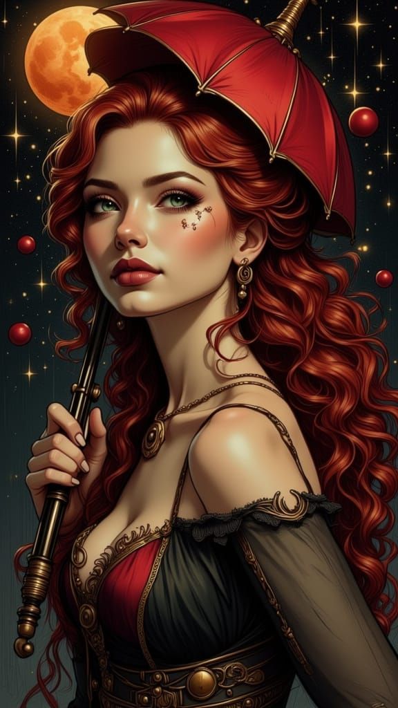 Victorian Femme Fatale with Steampunk Umbrella on Surreal Ni...