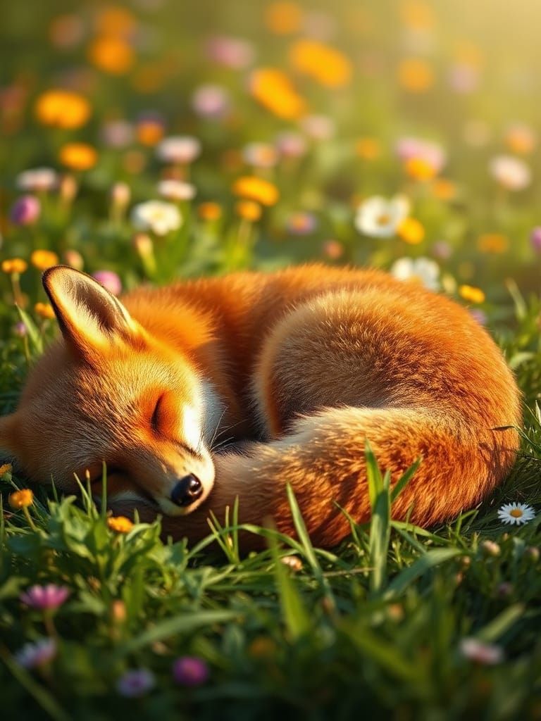 Sleeping Fox in Sun-Drenched Meadow