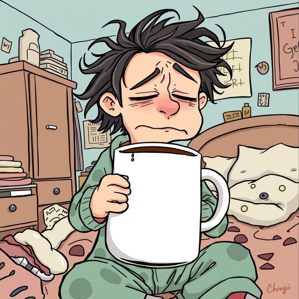Sleepy Character with Coffee in Chaotic Bedroom