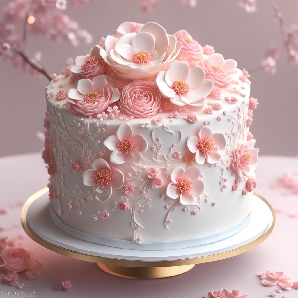 Hyper-Realistic 3D Anime Wedding Cake with Pink Flowers