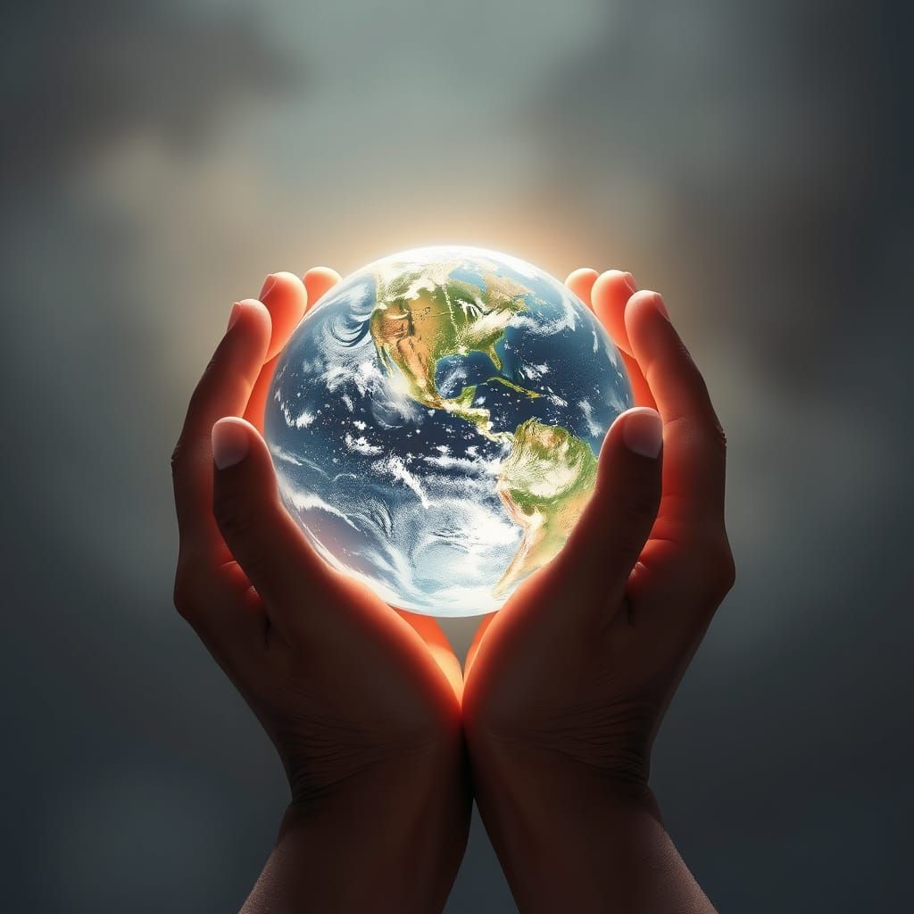 Earth Globe Held in Hands: Digital Painting and 3D Render