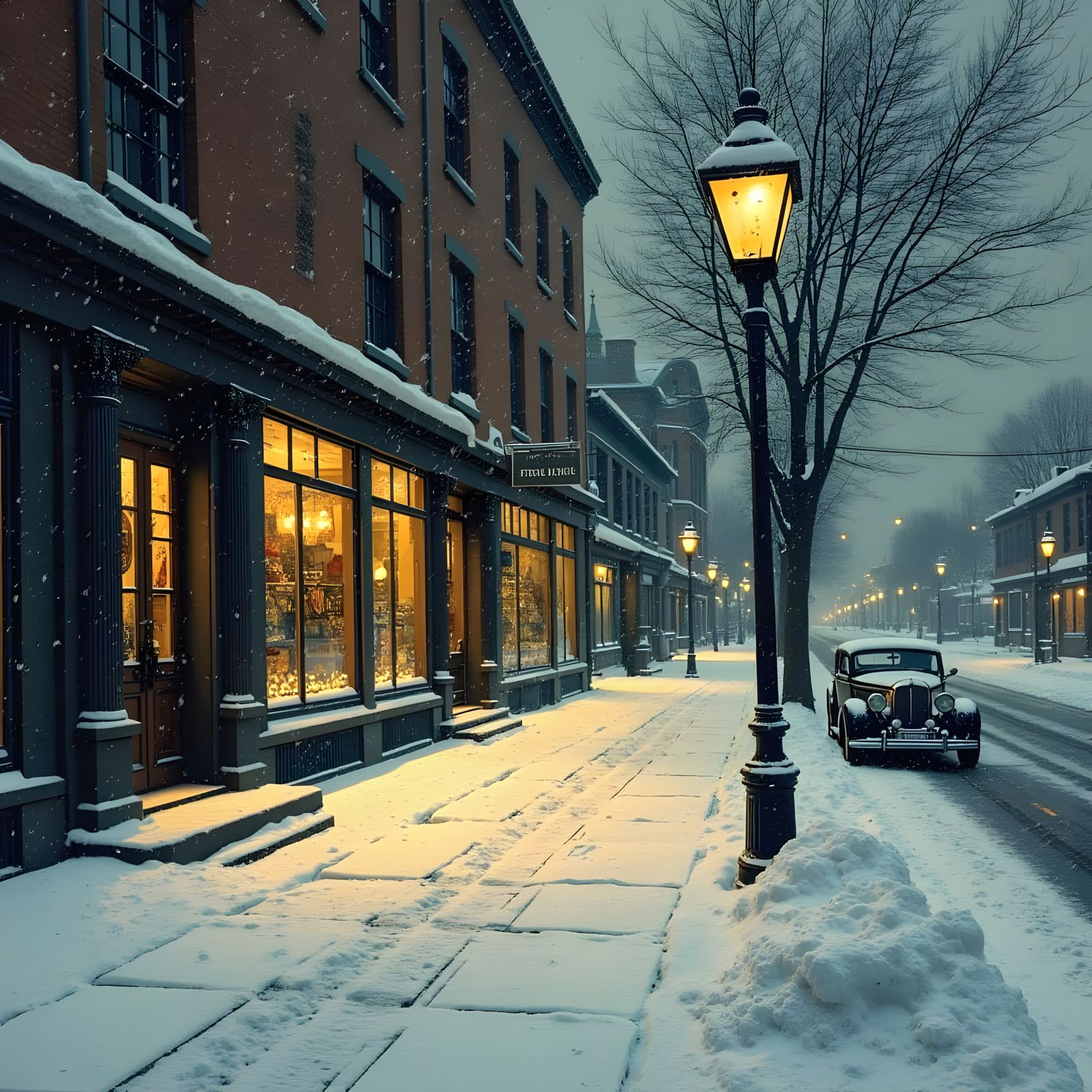 Historic Snowy Street Scene at Night