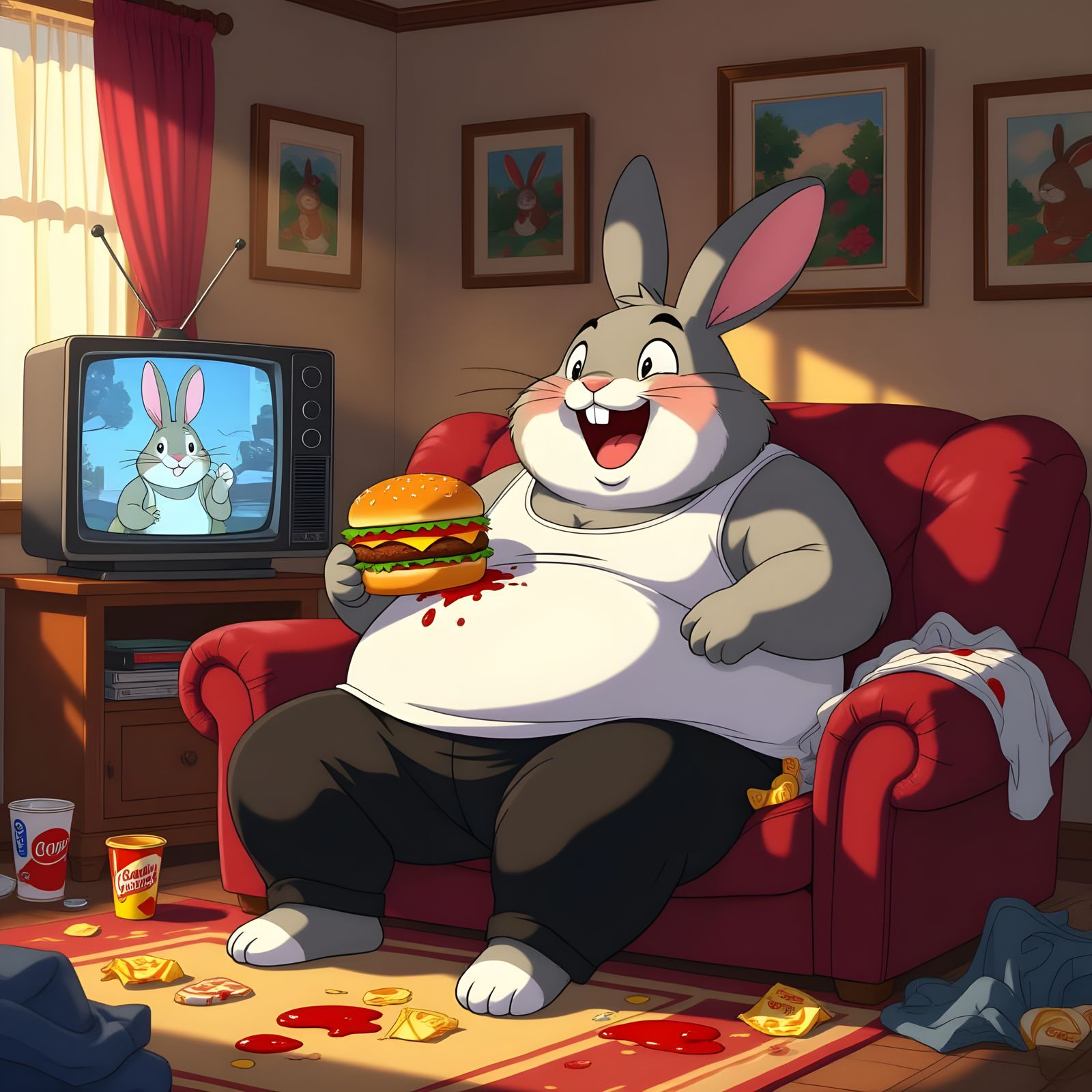 Fat Rabbit Laughing at Comedy Show in Ghibli Style