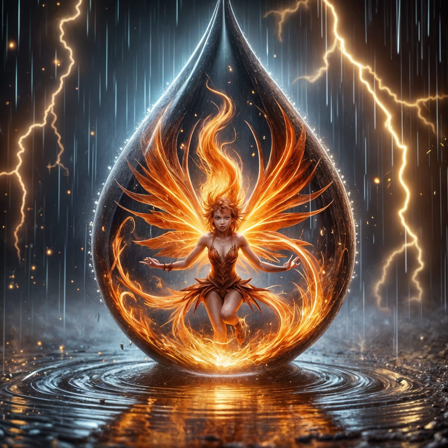 A fierce, flame-colored fairy is captured inside a raindrop ...