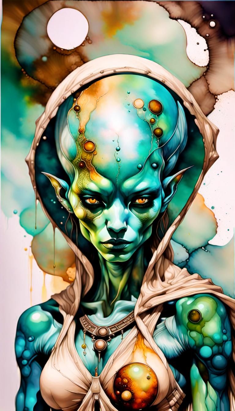 Alien Woman Masterpiece in Alcohol Ink Splash Art