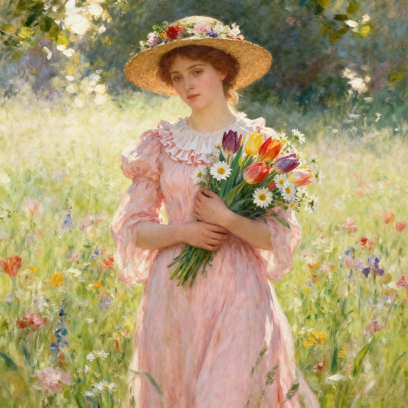 Woman in Pink Dress in Flower Meadow, Pre-Raphaelite Style