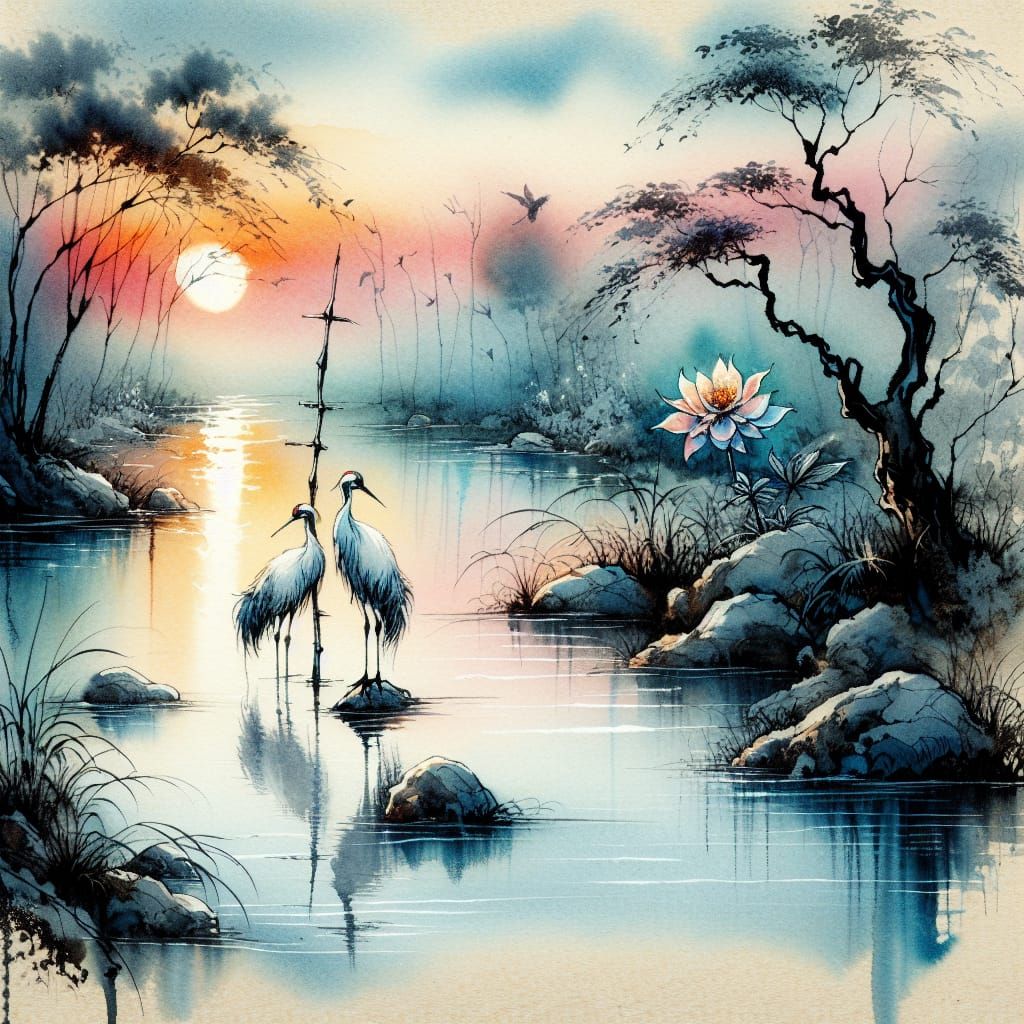 Creek with Cranes at Sunrise or Sunset