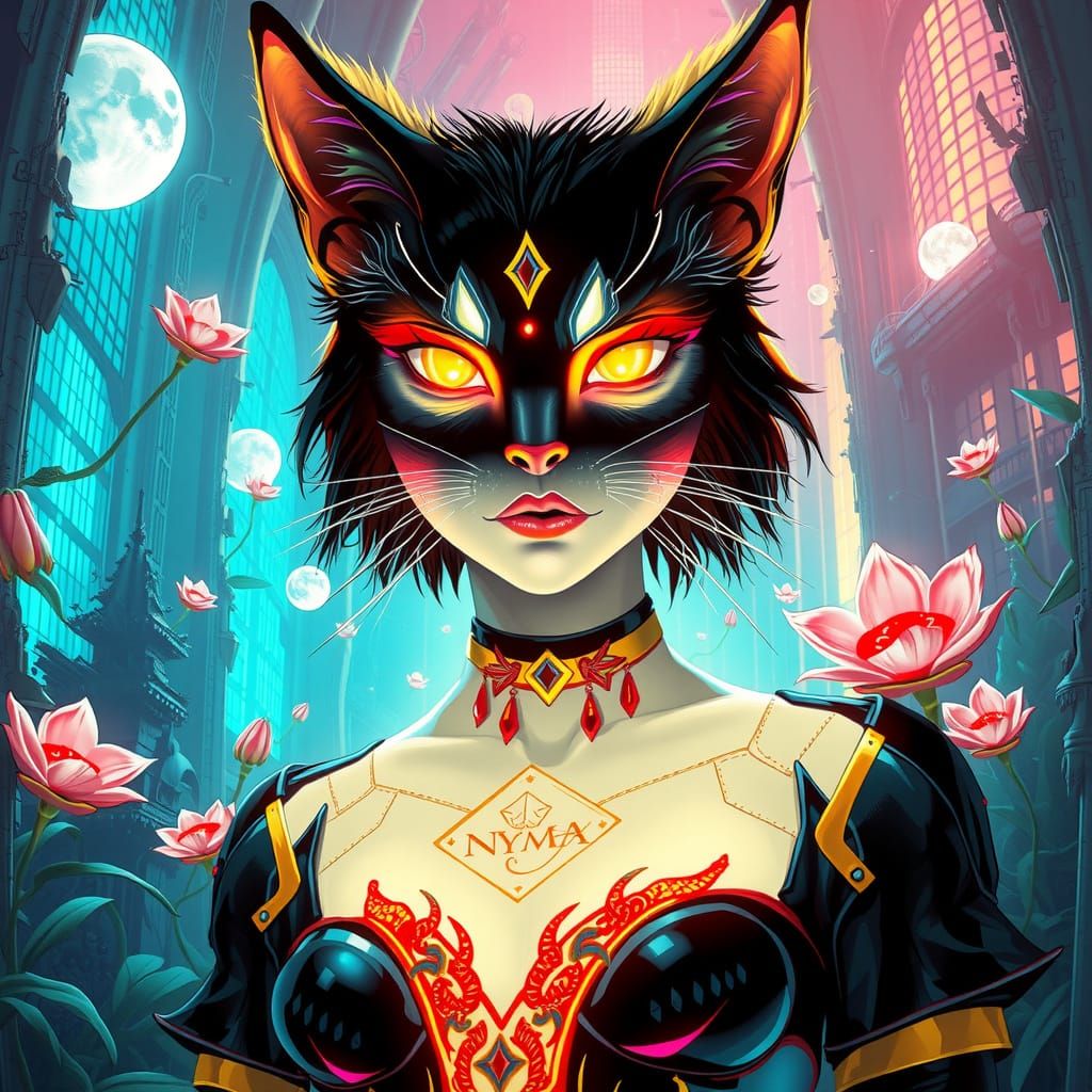 Cat Goddess Ascends in Neon Cyberpunk Jungle