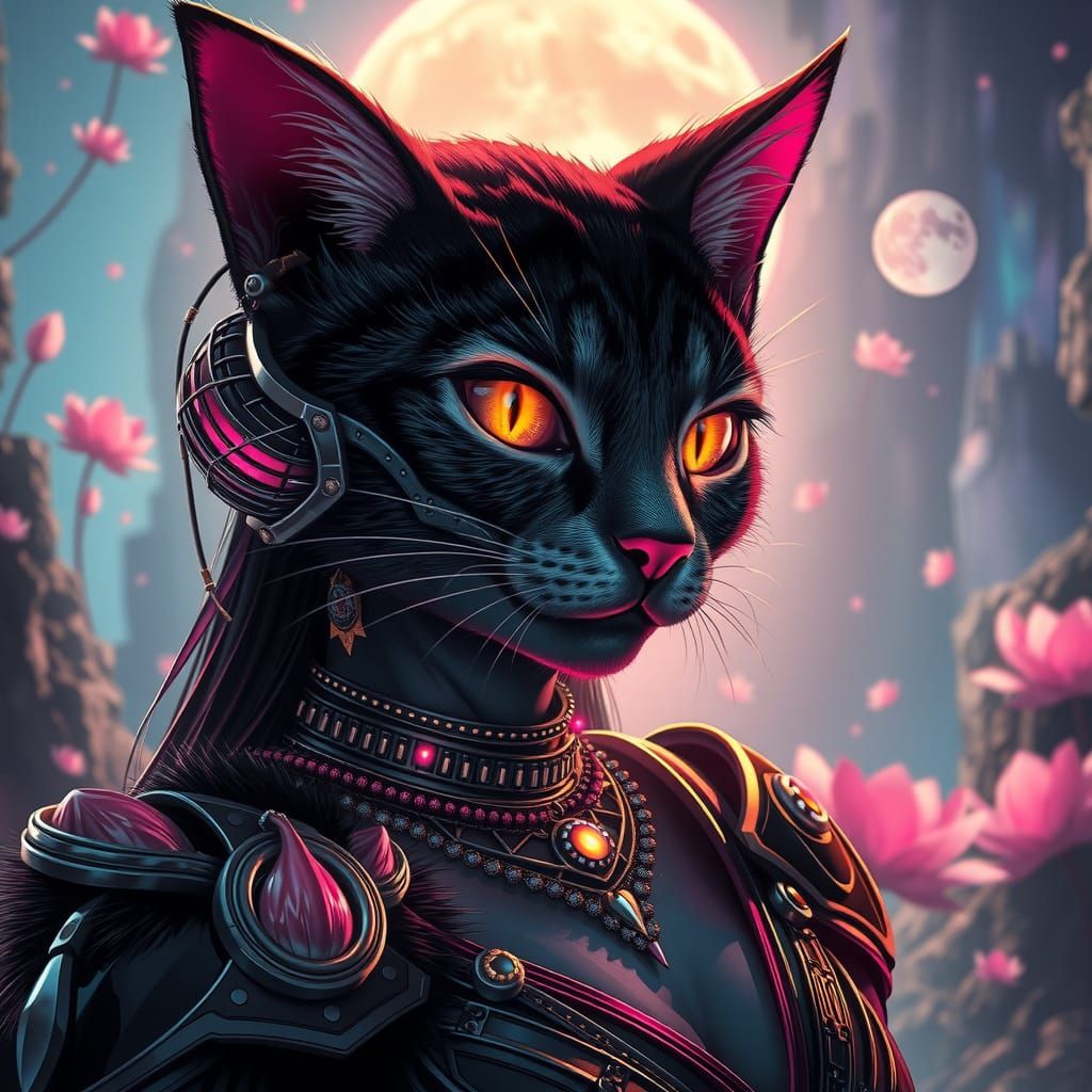 Cat-Goddess Ascends in Neon Jungle, Digital Art