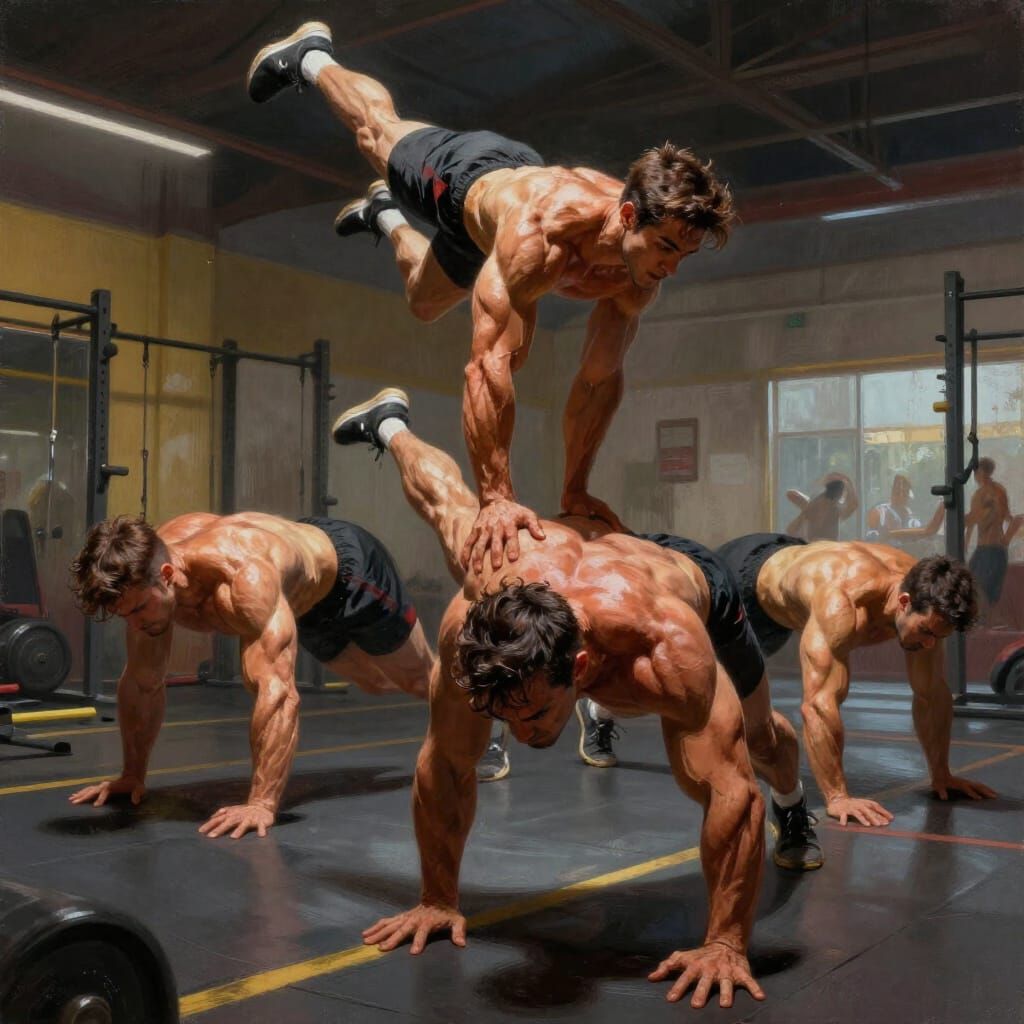 Dynamic Gym Scene: Trainer Leads Acrobatics in Digital Paint...