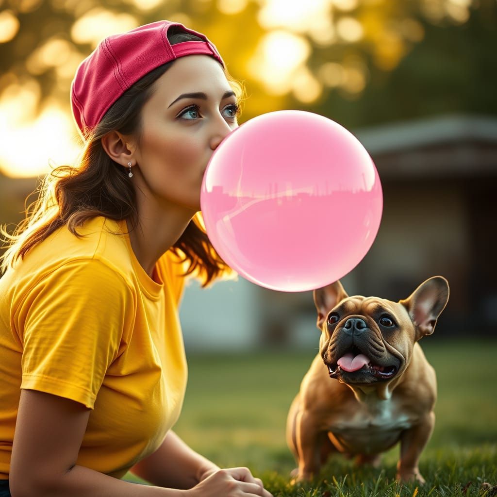 Young Woman Blows Pink Bubble Gum in 1950s Small-Town Americ...