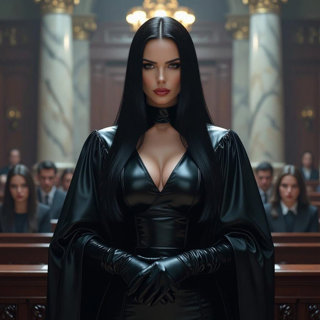 A stern female judge with long black hair, wearing a tight b...