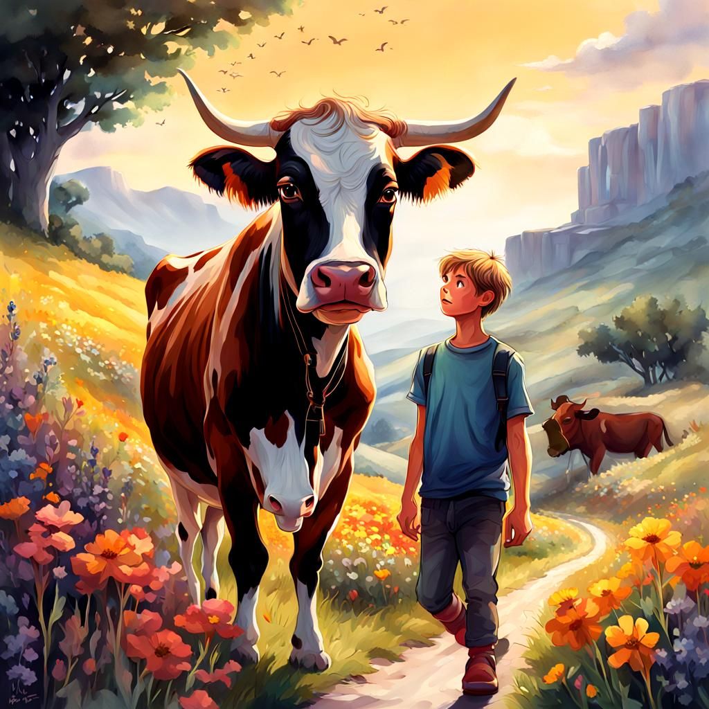 Boy and Cow on Old Road in Hyperrealistic Style