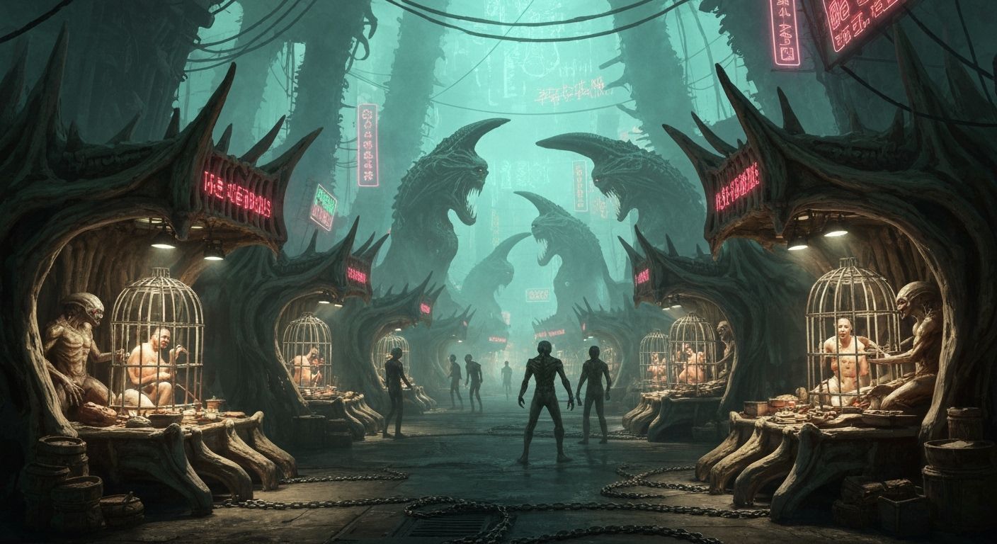 Alien Marketplace with Human Captives in Cyberpunk Style
