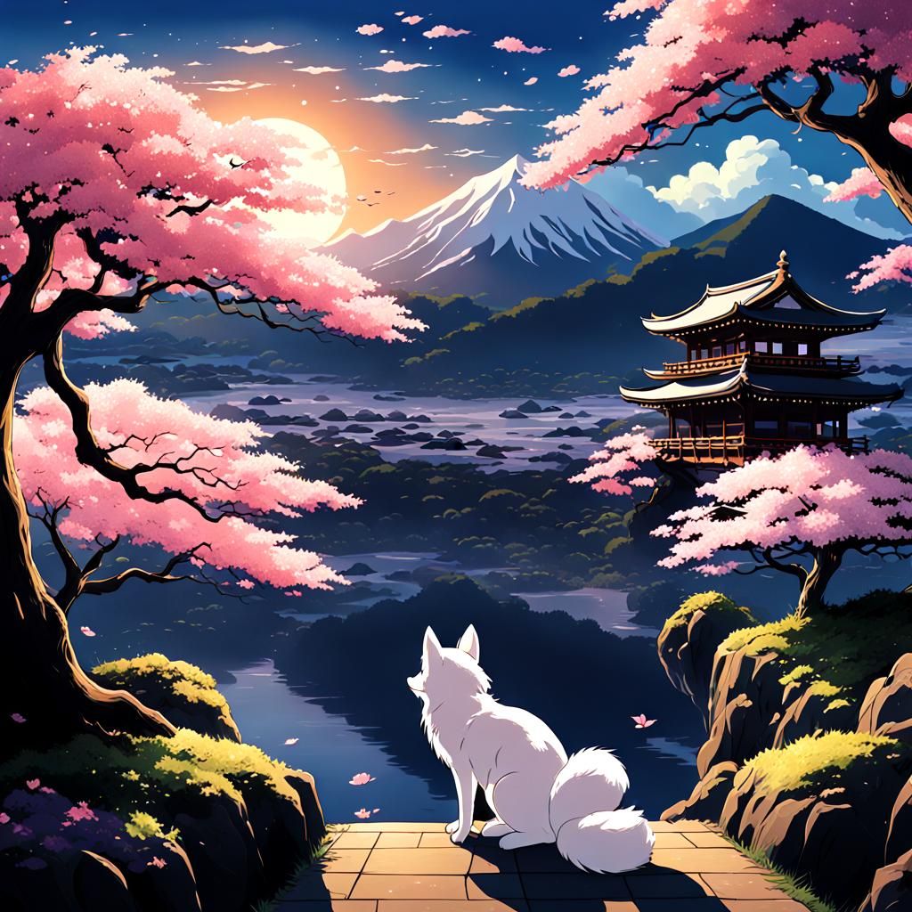 Kyubi no Kitsune with Japanese Sakura: Ghibli Style