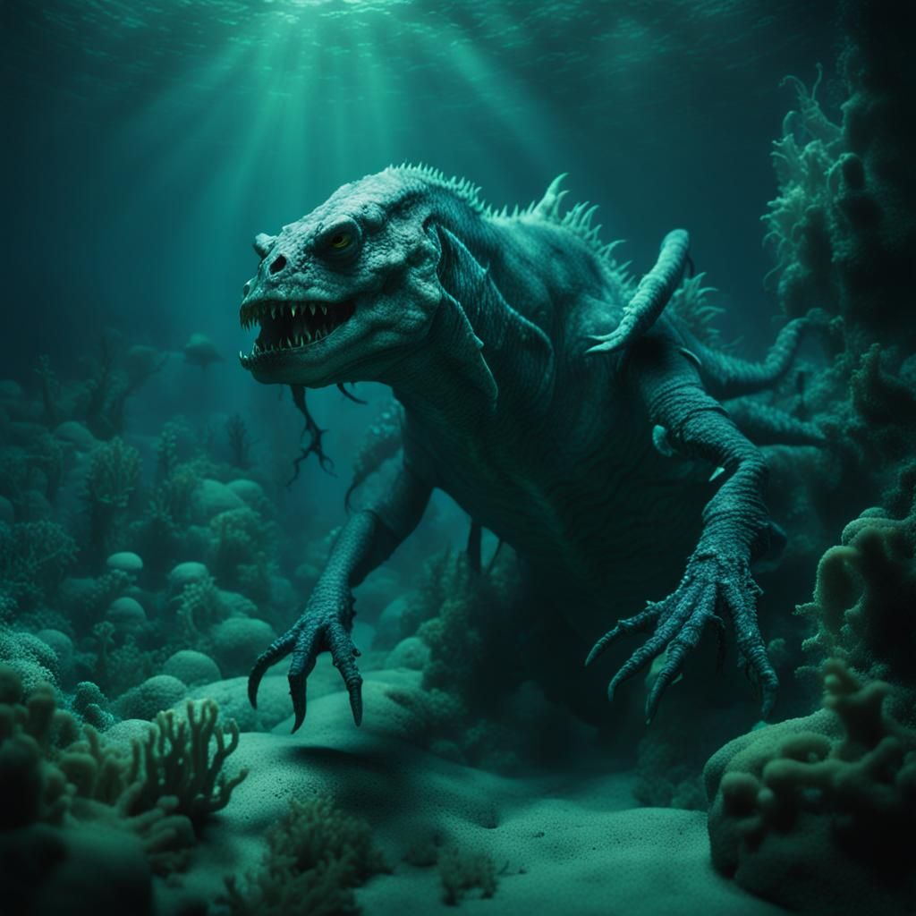 Dark Fantasy Demon Lord Battles in Muted Ocean Depths