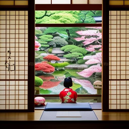Geisha in Tea House Garden: Hyperrealistic Watercolor