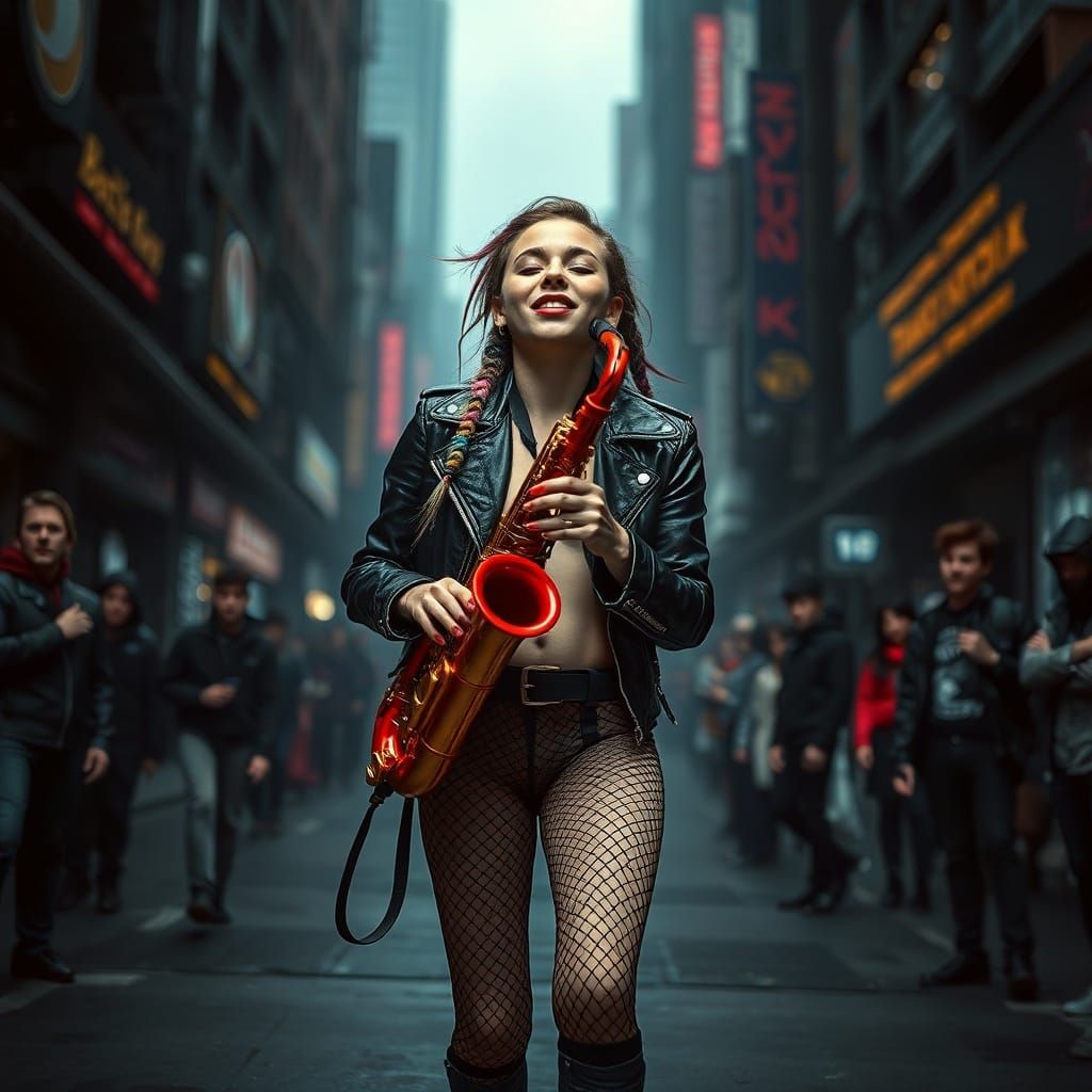 Punk Model Plays Saxophone in Futuristic Cityscape