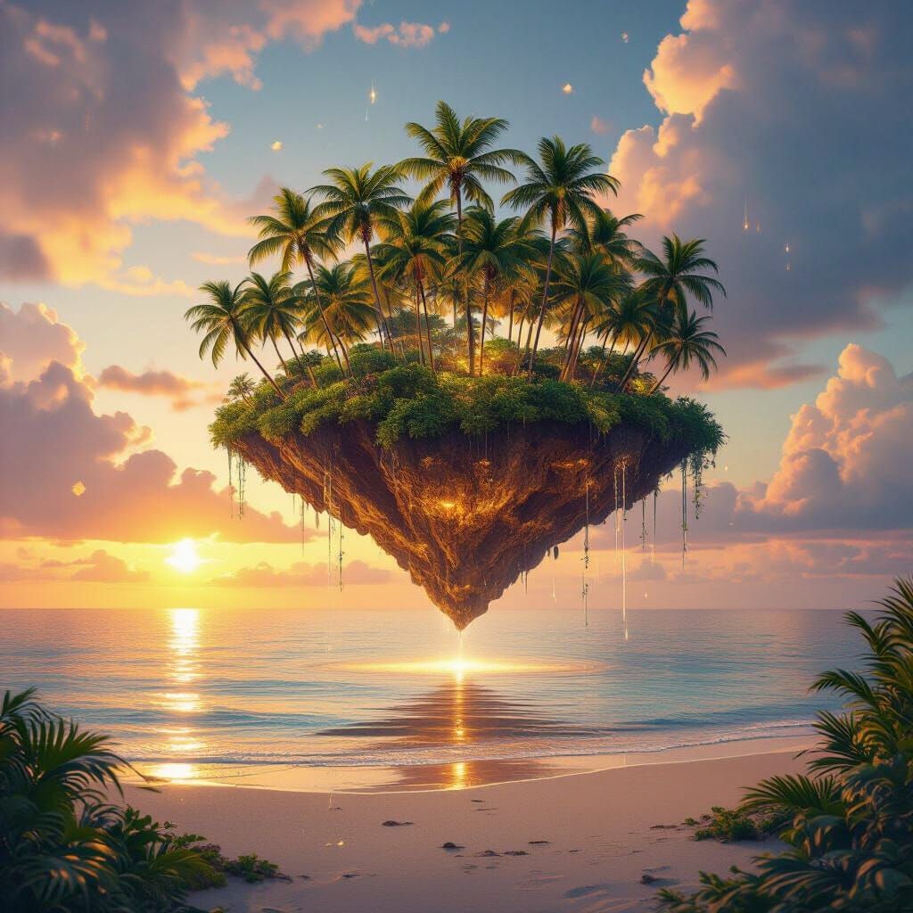 Surreal Floating Island with Coconut Forest at Sunset