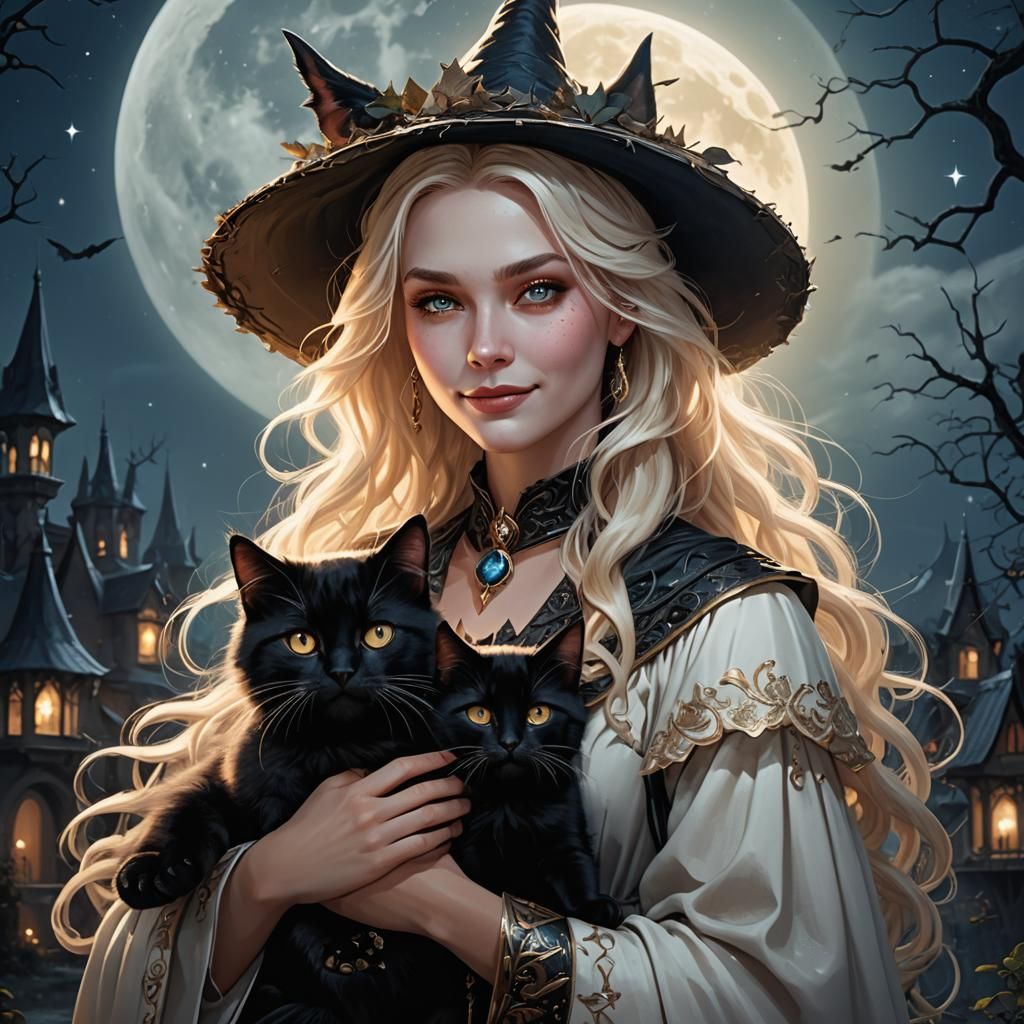 Blond Witch with Black Cat in Moonlight