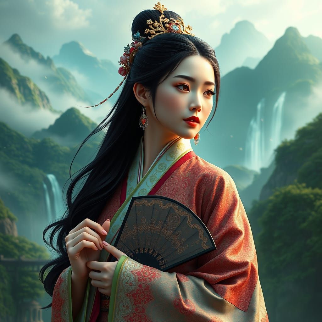 Majestic Korean Woman in Dreamlike Hanbok Landscape