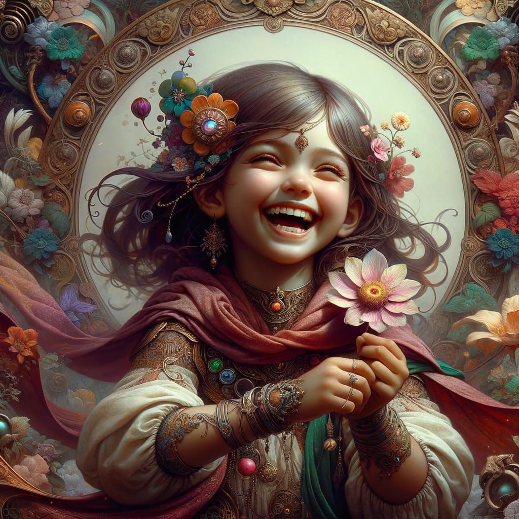 Joyful Indian Girl with Flower in Matte Painting Style