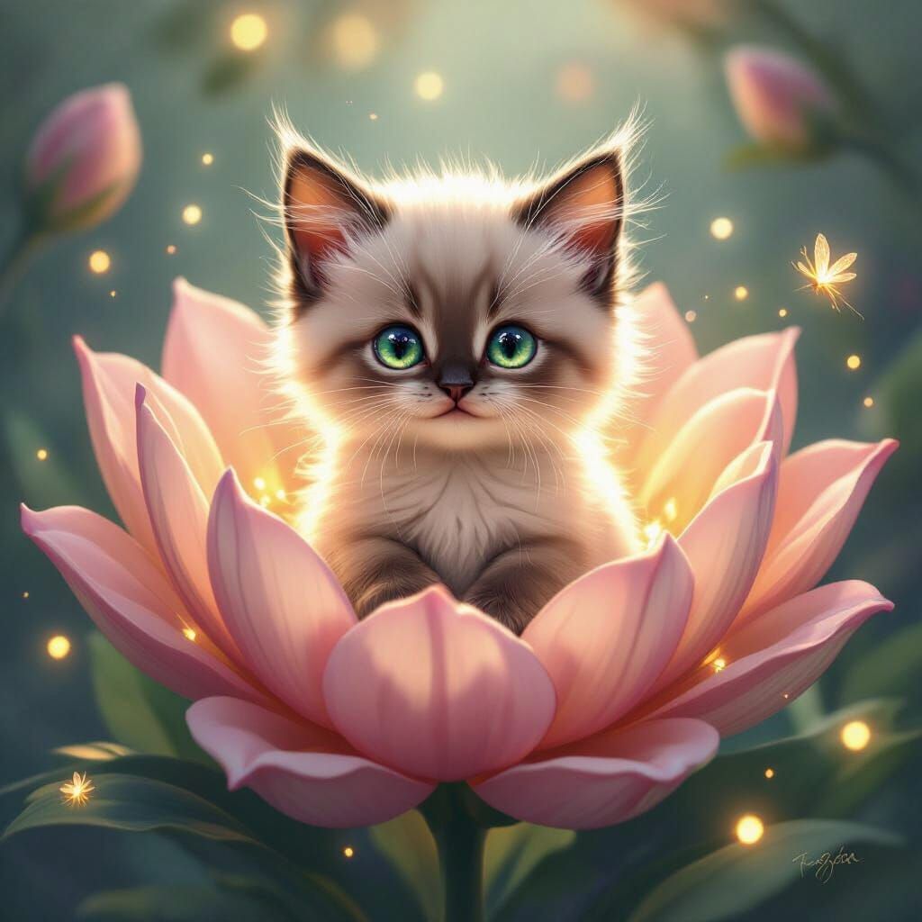 Adorable Fluffy Kitten in Giant Fantasy Flower