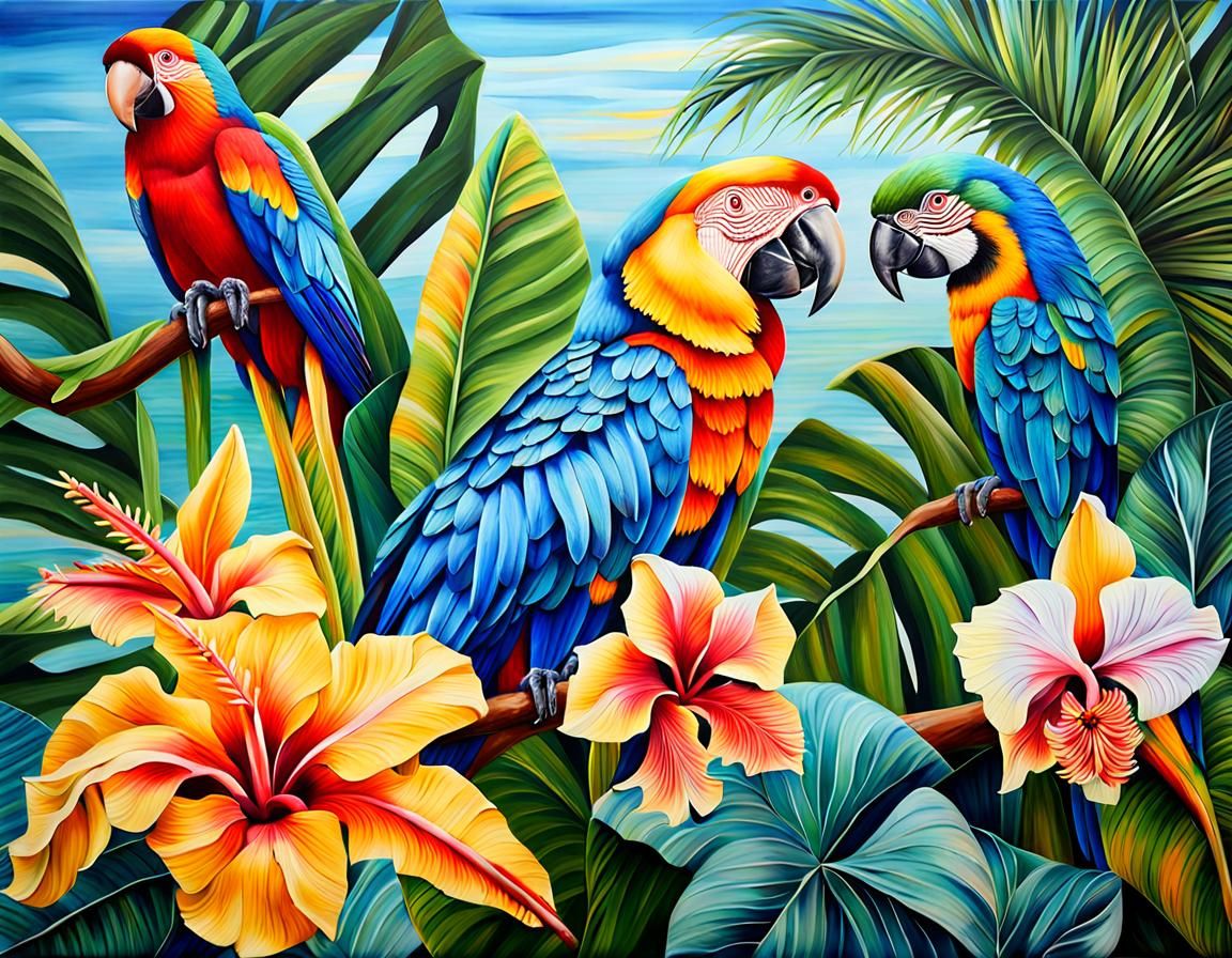 Tropical Paradise Acrylic Painting with Exotic Flora and Fau...