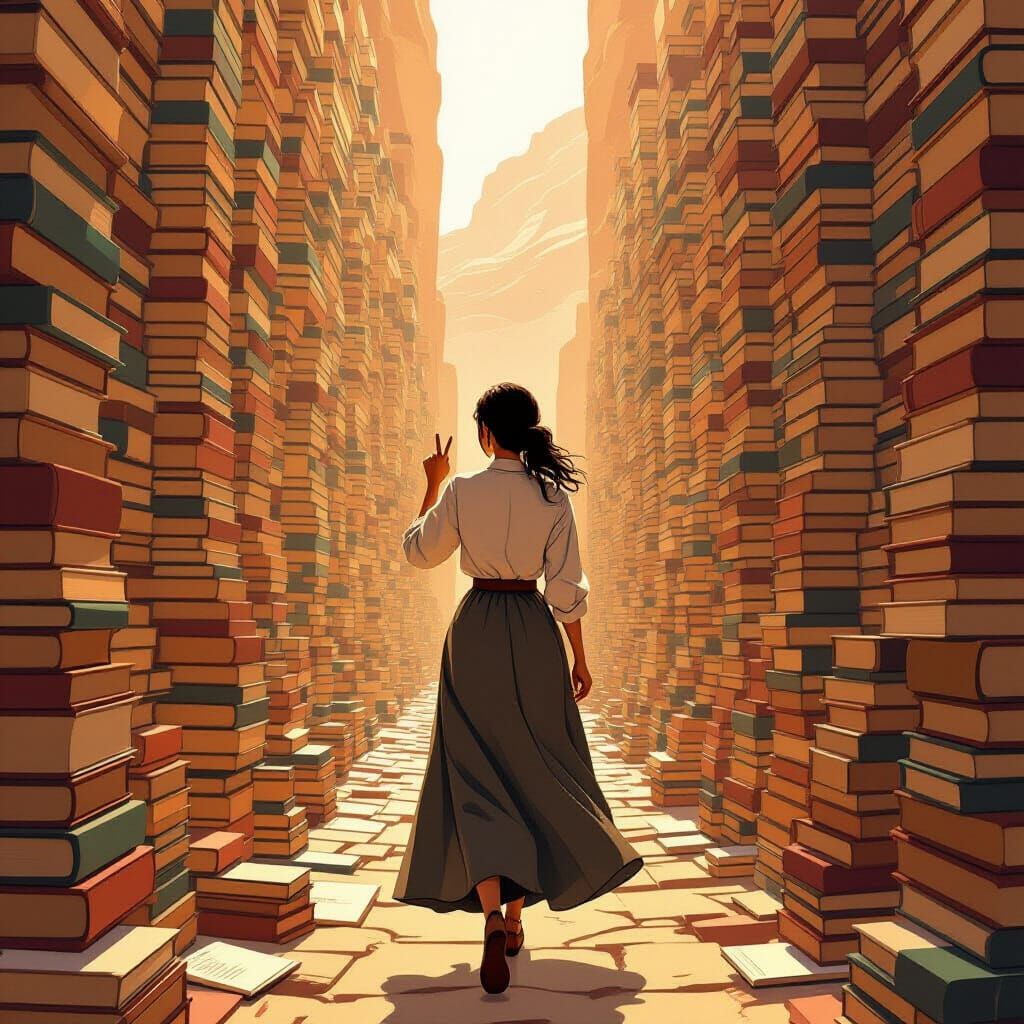 Librarian in Book Canyon, Whimsical Art Style