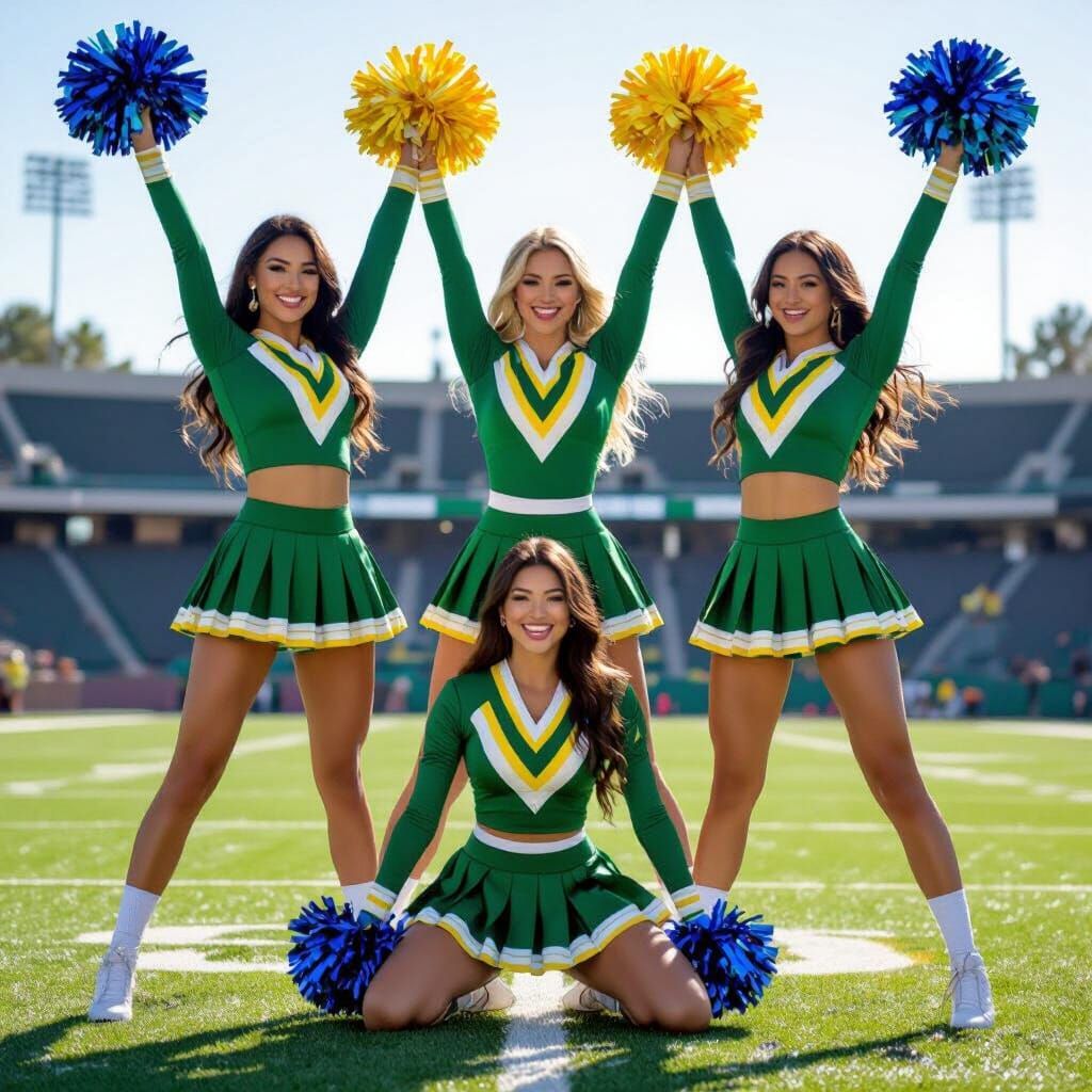 Energetic Cheerleaders in Classic Formation, Vibrant Art Sty...