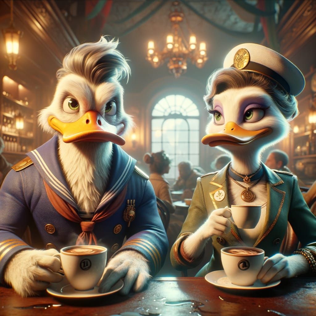 Sailor Ducks Sipping Coffee in a Whimsical Café Scene