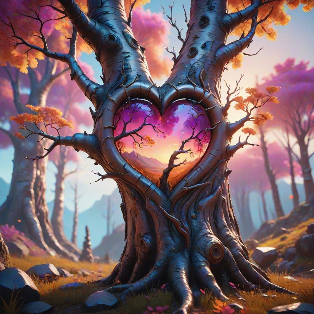 Summer Birch Trees with Heart Carving at Sunset, Alcohol Ink...