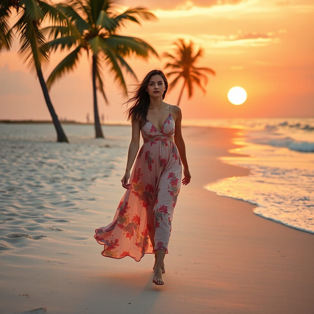Woman on Beach at Sunset in Surreal Style